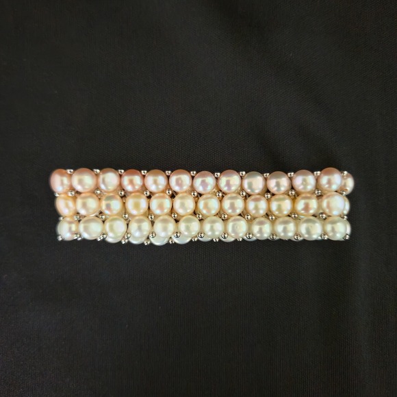 Three‎ Strand Freshwater Multi-Color Button Pearl Stretch Bracelet w/ Sterling - Picture 3 of 10